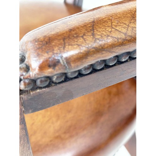 585 - LIBRARY ARMCHAIRS, a pair, Georgian design antique studded and buttoned soft tan brown leather with ... 