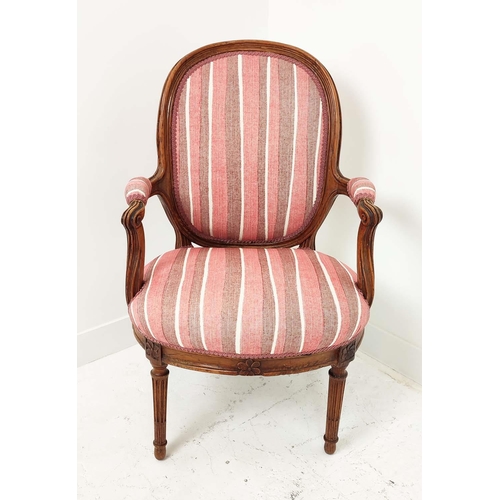 590 - FAUTEUIL, Louis XVI elm, with red striped upholstery, 97cm H x 63cm W.