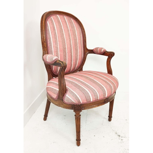 590 - FAUTEUIL, Louis XVI elm, with red striped upholstery, 97cm H x 63cm W.