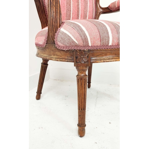 590 - FAUTEUIL, Louis XVI elm, with red striped upholstery, 97cm H x 63cm W.