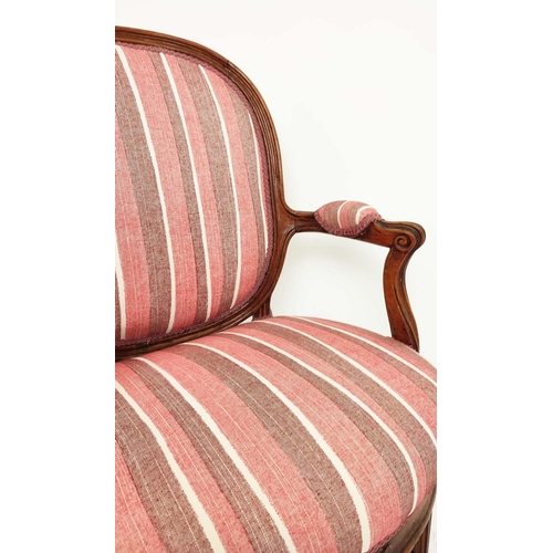 590 - FAUTEUIL, Louis XVI elm, with red striped upholstery, 97cm H x 63cm W.