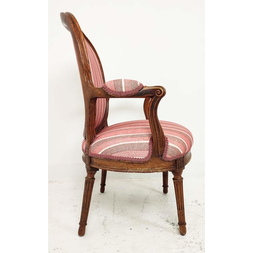 590 - FAUTEUIL, Louis XVI elm, with red striped upholstery, 97cm H x 63cm W.