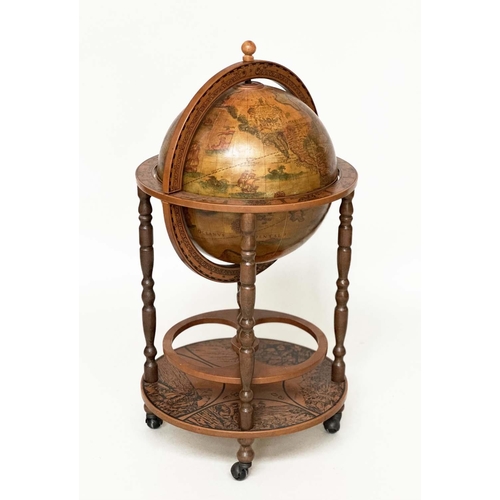 596 - GLOBE COCKTAIL CABINET, in the form of an antique terrestrial globe on stand with rising lid, 90cm H... 