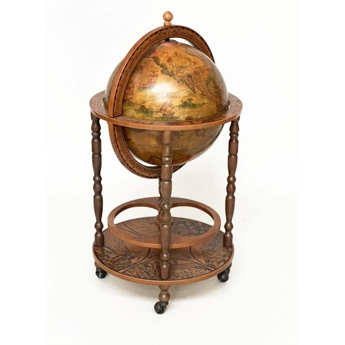 596 - GLOBE COCKTAIL CABINET, in the form of an antique terrestrial globe on stand with rising lid, 90cm H... 