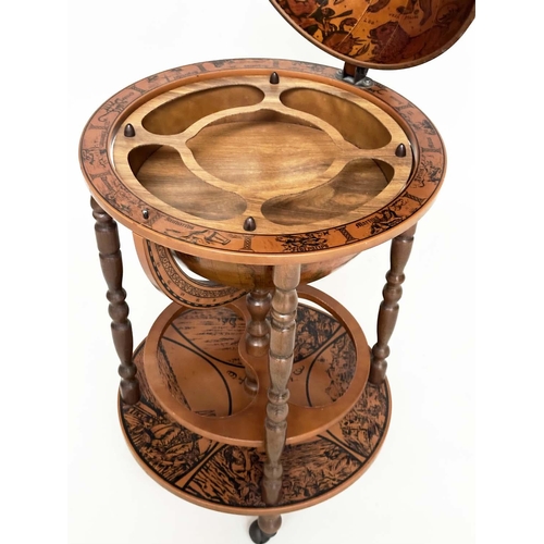 596 - GLOBE COCKTAIL CABINET, in the form of an antique terrestrial globe on stand with rising lid, 90cm H... 