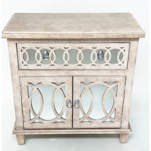 598 - SIDE CABINET, limed oak, mirror panelled and tracery decorated with drawer and two doors, 80cm x 40c... 