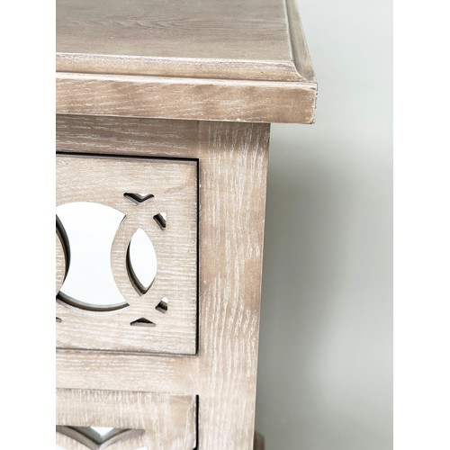 598 - SIDE CABINET, limed oak, mirror panelled and tracery decorated with drawer and two doors, 80cm x 40c... 