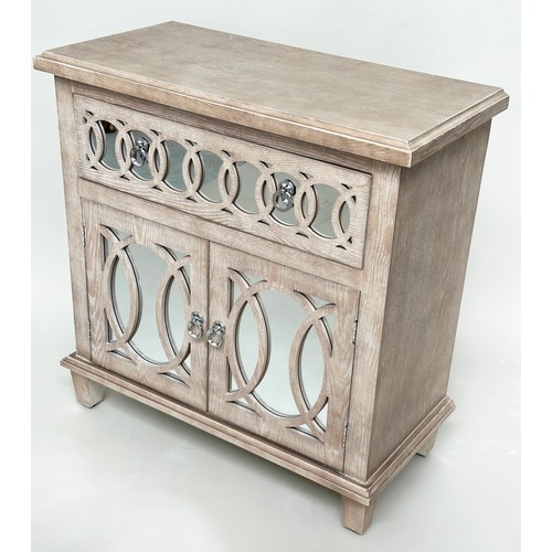 598 - SIDE CABINET, limed oak, mirror panelled and tracery decorated with drawer and two doors, 80cm x 40c... 