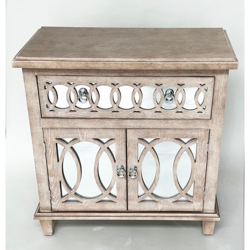 598 - SIDE CABINET, limed oak, mirror panelled and tracery decorated with drawer and two doors, 80cm x 40c... 