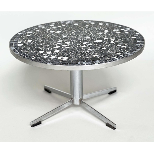 593 - CIRCULAR LOW TABLE, 1950's style chrome and mosaic tiled, 72cm diam. x 43cm H.