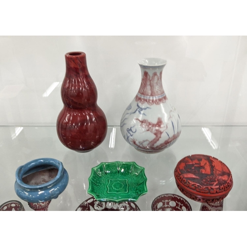 30 - CHINESE COPPER RED DRAGON BOTTLE VASE, along with a cinnabar lacquer paste box, double gourd vase, a... 