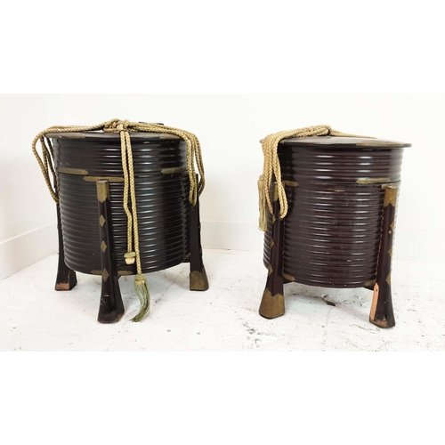 5 - JAPANESE HOKAI, a pair, Meiji black lacquer with engraved brass fittings, 46cm H x 45cm D. (2)