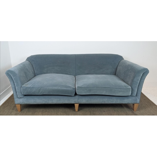 577 - SOFA, velvet upholstered with seat cushions and beechwood legs, 83cm H x 224cm W x 103cm D.