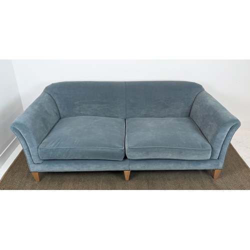 577 - SOFA, velvet upholstered with seat cushions and beechwood legs, 83cm H x 224cm W x 103cm D.