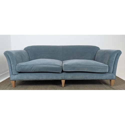 577 - SOFA, velvet upholstered with seat cushions and beechwood legs, 83cm H x 224cm W x 103cm D.