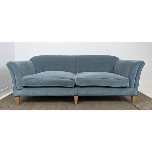 577 - SOFA, velvet upholstered with seat cushions and beechwood legs, 83cm H x 224cm W x 103cm D.