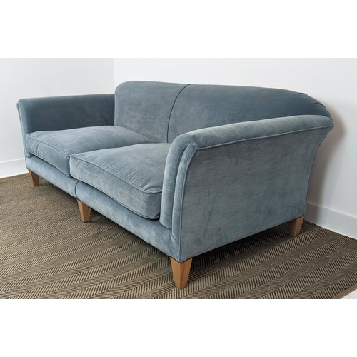 577 - SOFA, velvet upholstered with seat cushions and beechwood legs, 83cm H x 224cm W x 103cm D.