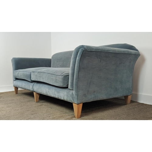 577 - SOFA, velvet upholstered with seat cushions and beechwood legs, 83cm H x 224cm W x 103cm D.