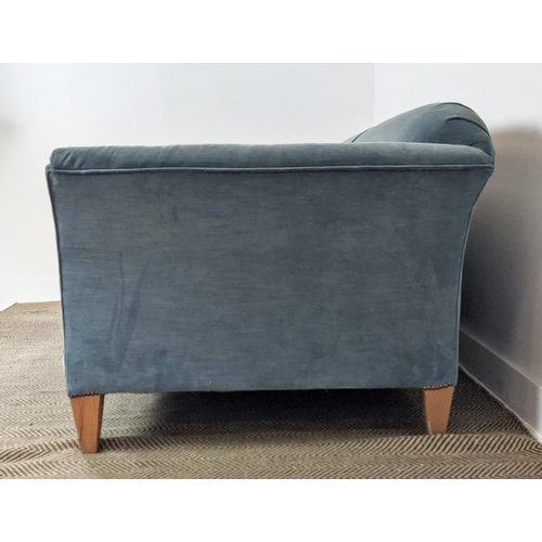 577 - SOFA, velvet upholstered with seat cushions and beechwood legs, 83cm H x 224cm W x 103cm D.