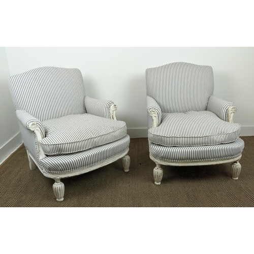 578 - BERGERES, a pair, white painted in ticking upholstery, 85cm H x 74cm W. (2)