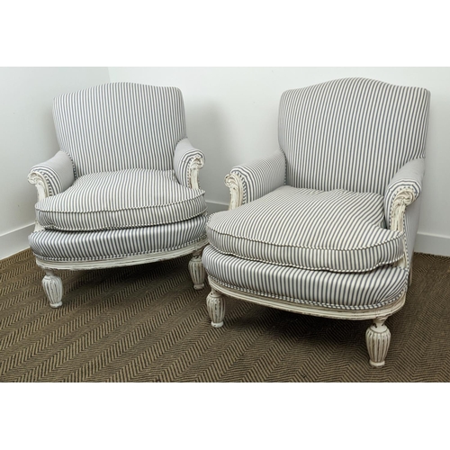 578 - BERGERES, a pair, white painted in ticking upholstery, 85cm H x 74cm W. (2)