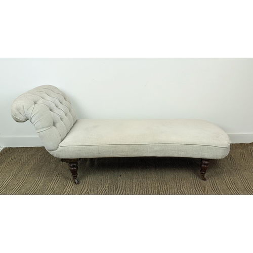 579 - DAYBED, Victorian walnut in buttoned taupe fabric on ceramic castors, 74cm H x 181cm L x 70cm D.