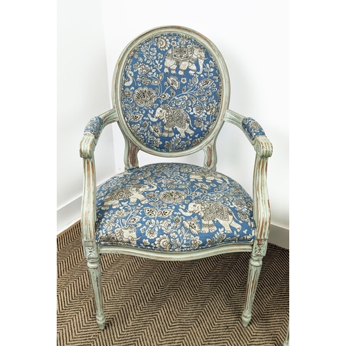 581 - FAUTEUILS, a pair, Louis XVI style grey painted, in blue elephant patterned upholstery, 97cm H x 60c... 