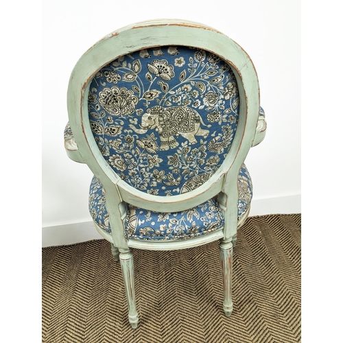 581 - FAUTEUILS, a pair, Louis XVI style grey painted, in blue elephant patterned upholstery, 97cm H x 60c... 