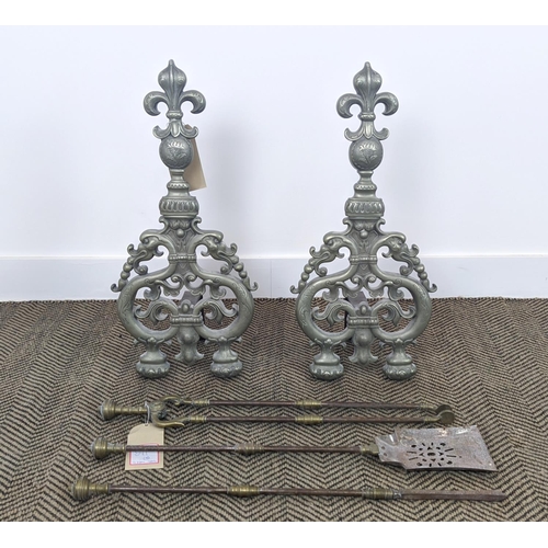 591 - FIRE DOGS, a pair, antique French silvered metal, 65cm H x 31cm W x 22cm D, and a set of three 19th ... 