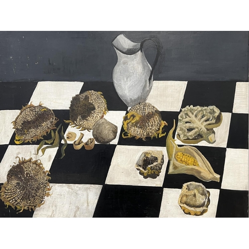 63 - MJ BUNZL (20th century Continental), 'Checkerboard Still Life', oil on board, 75cm x 98cm, framed.