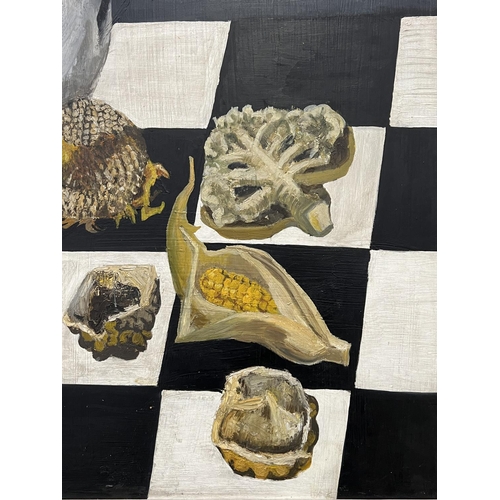 63 - MJ BUNZL (20th century Continental), 'Checkerboard Still Life', oil on board, 75cm x 98cm, framed.