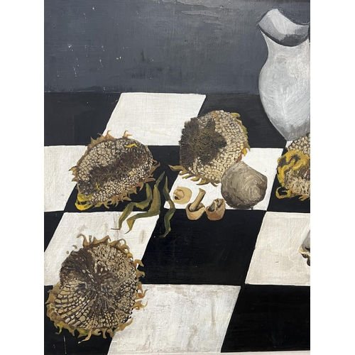 63 - MJ BUNZL (20th century Continental), 'Checkerboard Still Life', oil on board, 75cm x 98cm, framed.