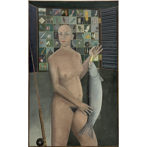 99 - MICHAEL ROSCHLAU (German b.1942), 'Catch' 1981, oil on canvas, 173cm x 104cm, framed.