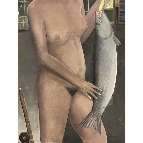 99 - MICHAEL ROSCHLAU (German b.1942), 'Catch' 1981, oil on canvas, 173cm x 104cm, framed.