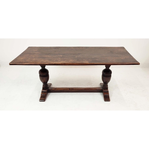 149 - REFECTORY TABLE, Jacobean style oak, the rectangular top on carved balaster bases, 185cm W x 83cm D ... 