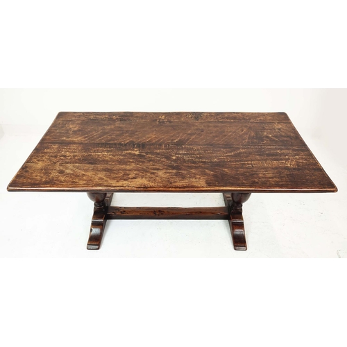 149 - REFECTORY TABLE, Jacobean style oak, the rectangular top on carved balaster bases, 185cm W x 83cm D ... 