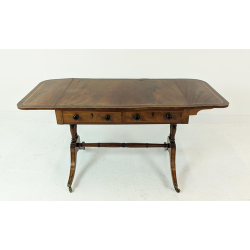 148 - SOFA TABLE, Regency mahogany, satinwood and rosewood with crossbanded detail, with two frieze drawer... 