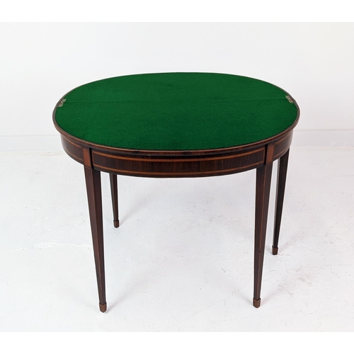 146 - DEMI LUNE CARD TABLE, George III rosewood and satinwood, circa 1800 with green baize top, 75cm H x 9... 