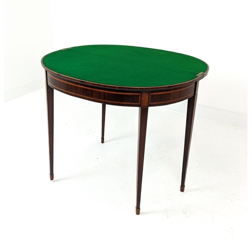 146 - DEMI LUNE CARD TABLE, George III rosewood and satinwood, circa 1800 with green baize top, 75cm H x 9... 