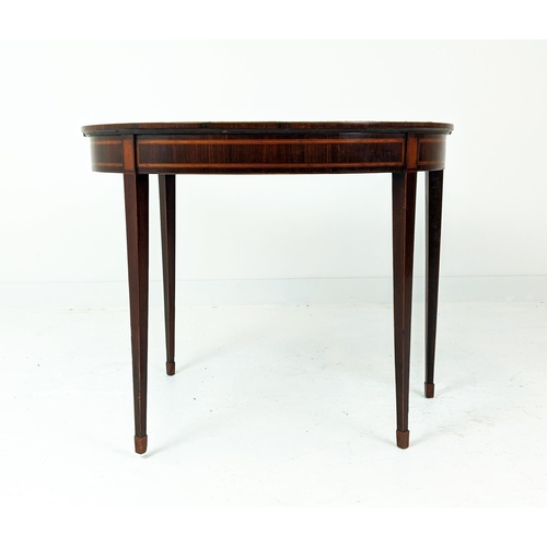 146 - DEMI LUNE CARD TABLE, George III rosewood and satinwood, circa 1800 with green baize top, 75cm H x 9... 