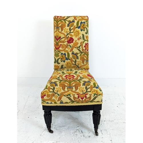 144 - SLIPPER CHAIR, 19th century ebonised with William Morris patterned upholstery, 96cm H x 51cm W.