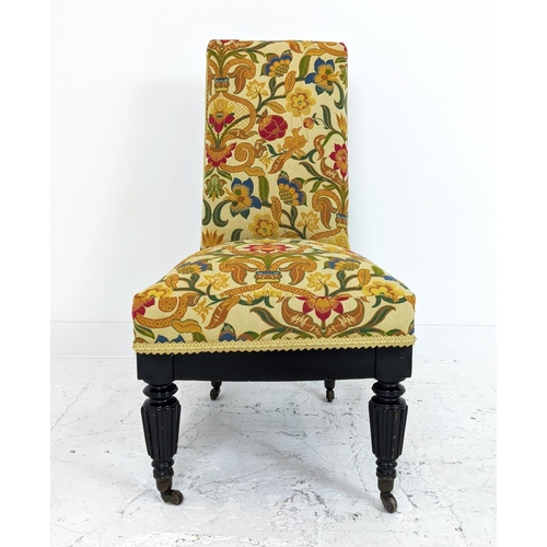 144 - SLIPPER CHAIR, 19th century ebonised with William Morris patterned upholstery, 96cm H x 51cm W.