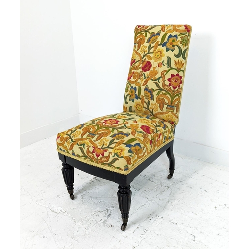 144 - SLIPPER CHAIR, 19th century ebonised with William Morris patterned upholstery, 96cm H x 51cm W.