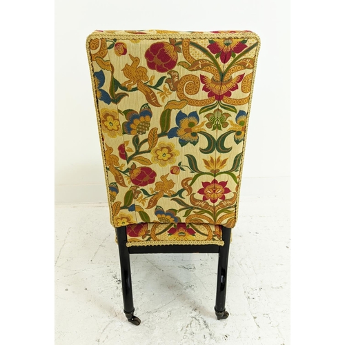 144 - SLIPPER CHAIR, 19th century ebonised with William Morris patterned upholstery, 96cm H x 51cm W.