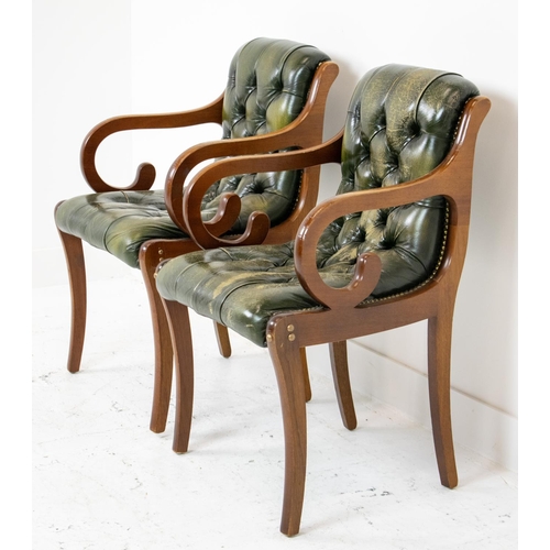 142 - ARMCHAIRS, a pair, Regency style mahogany and buttoned green leather, 86cm H x 52cm. (2)