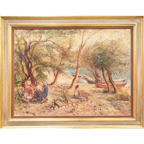 64 - 20TH CENTURY ITALIAN SCHOOL, 'Coastal scene with figures', oil on canvas, indistinctly signed, 59cm ... 