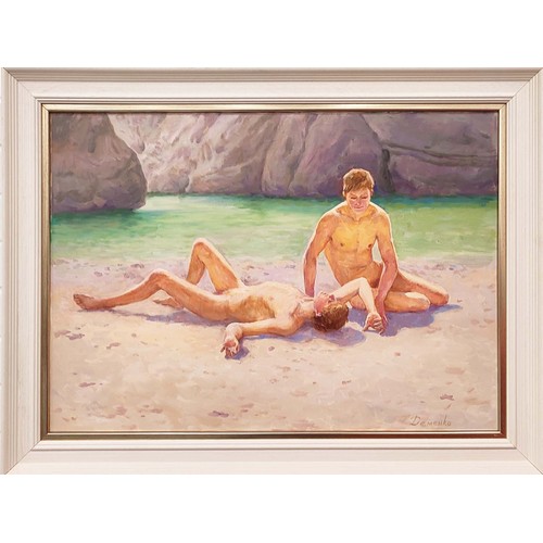 110 - ANATOLIY DEMENKO (21st century), 'Relaxing on the beach', oil on canvas, 50cm x 70cm.