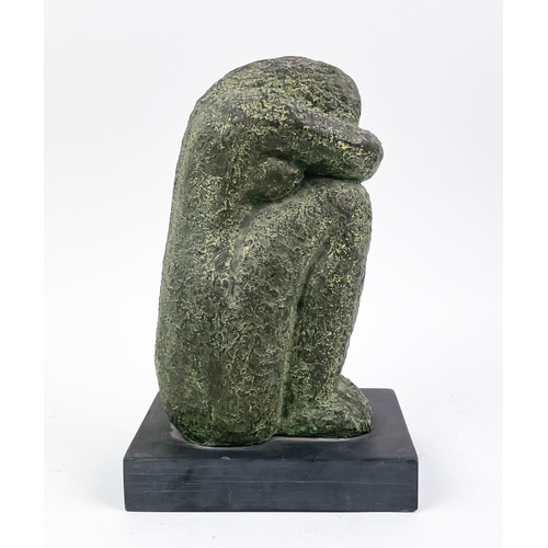 1 - MANNER OF HENRY MOORE (1898-1986) bronze, seated lady in verdigris finish on seat base (indistinctly... 