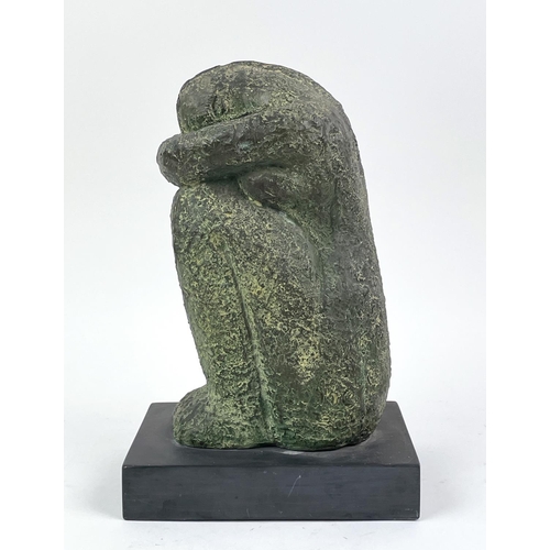 1 - MANNER OF HENRY MOORE (1898-1986) bronze, seated lady in verdigris finish on seat base (indistinctly... 