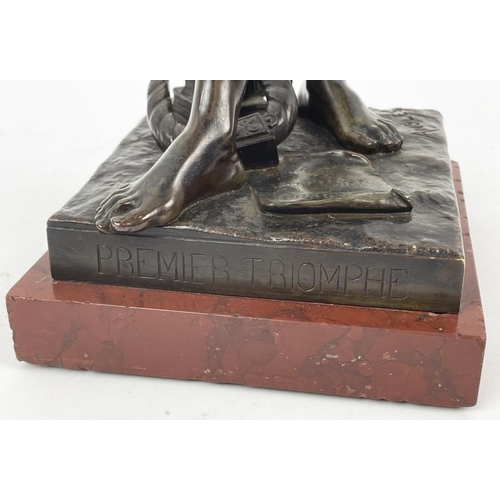 13 - BRONZE FIGURE, ANGLES CANE (1859-1911), 'Premier triumphe', mounted on a rouge marble plinth base, 5... 